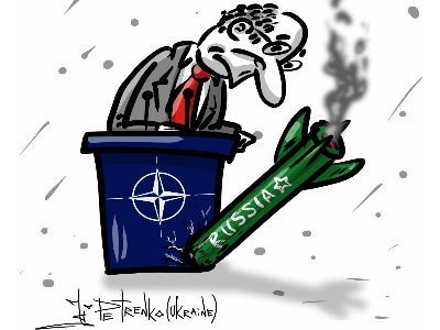 Путин забил первый пробный шар в лузу НАТО. Карикатура А.Петренко: t.me/PetrenkoAndryi